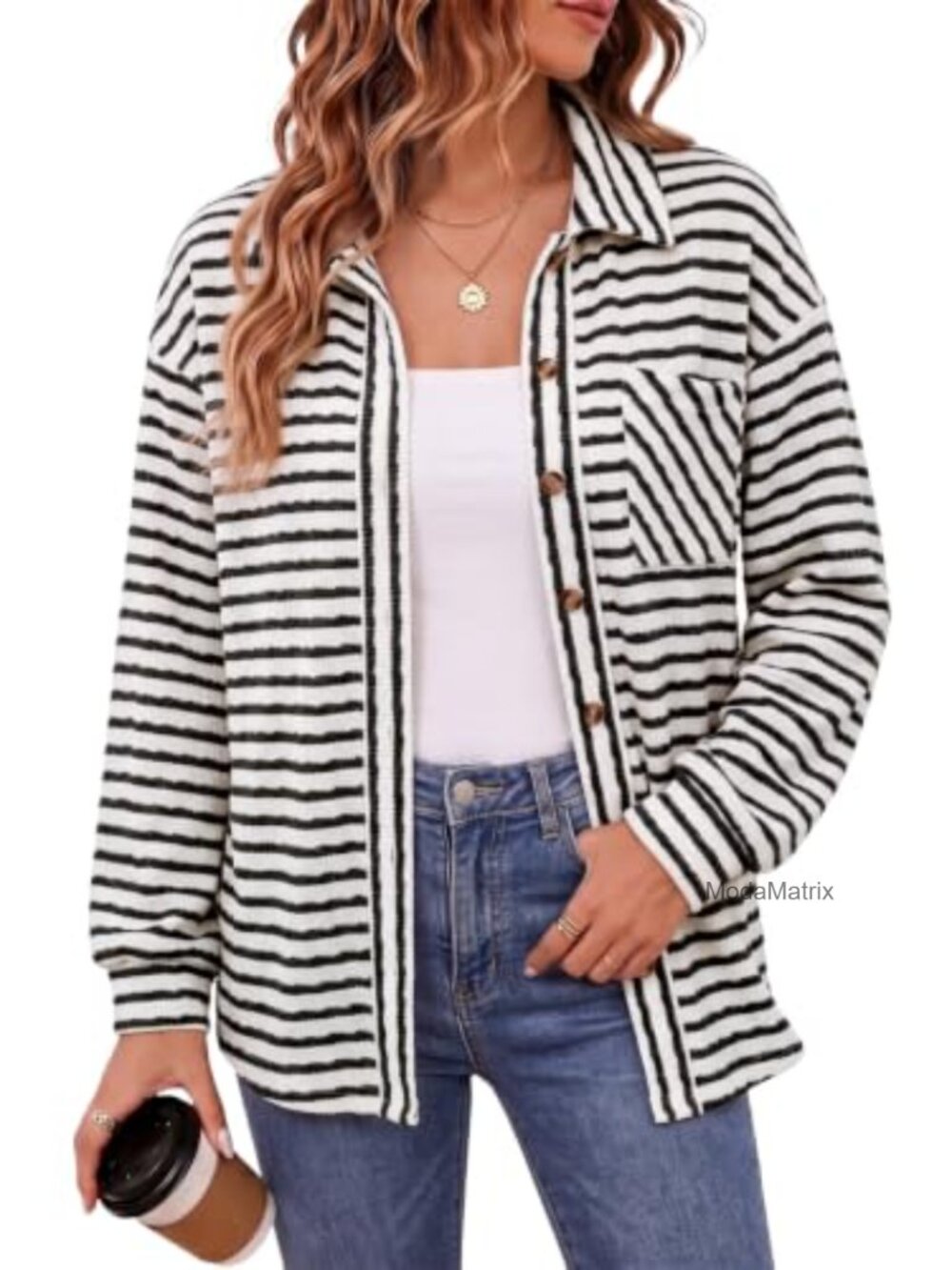 Dokotoo Women's Striped Shacket Button Up Long Sleeve Loose Fit Casual Jacket